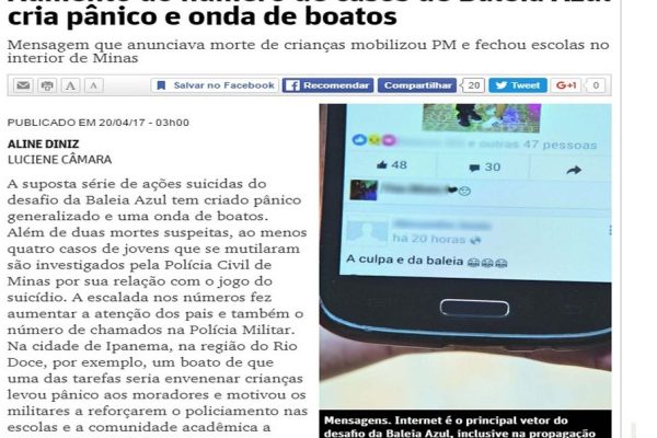 2017. 04. 20 - O Tempo - Online - Aumento do número de casos da Baleia Azul cria pânico e onda de boatos
